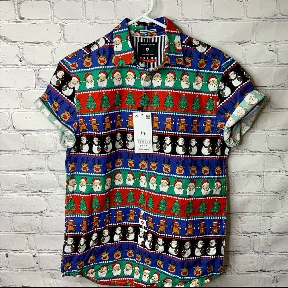 Denim & Flower Holiday Christmas Santa Shirt Small NWT
